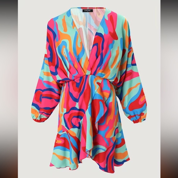 Color Block Ruffle Dress, V-neck Dress size small - Picture 5 of 5